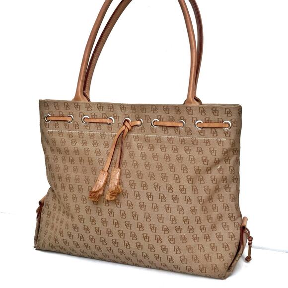 Y2K Dooney Monogram Canvas Tote | Preppy Neutral Shoulder Bag with Leather Trim - Picture 1 of 16